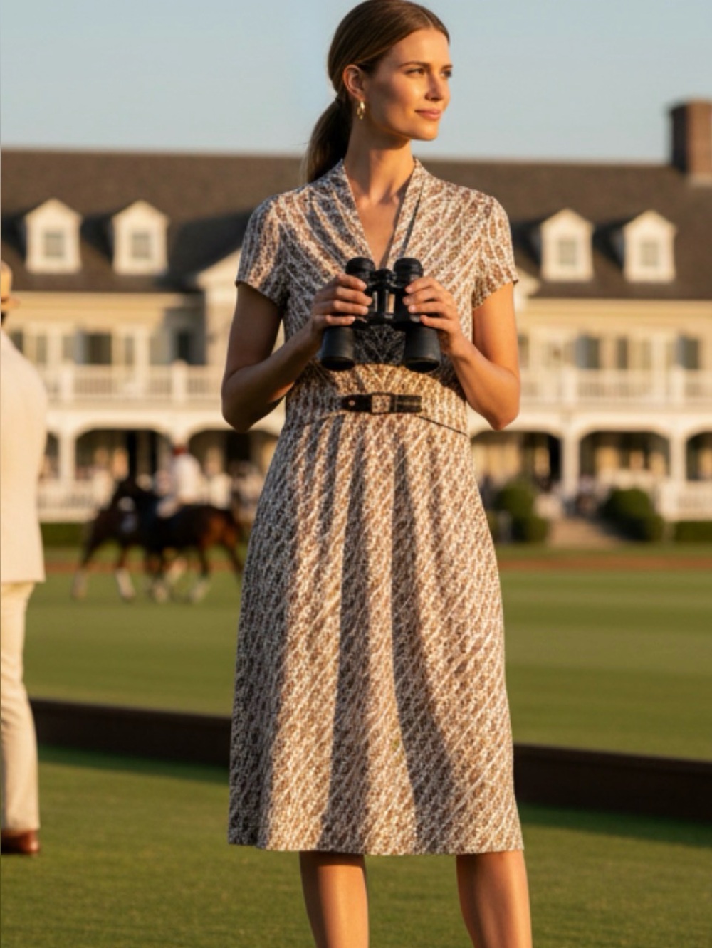 Lauren Ralph Lauren Cream & Brown Equestrian Printed V-Neck Midi Dress